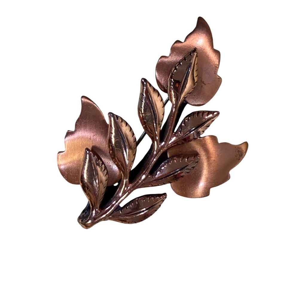 Vintage Mid Century Renoir 3DShiny & Matte‎ Finish Copper LeavesBrooch Pin